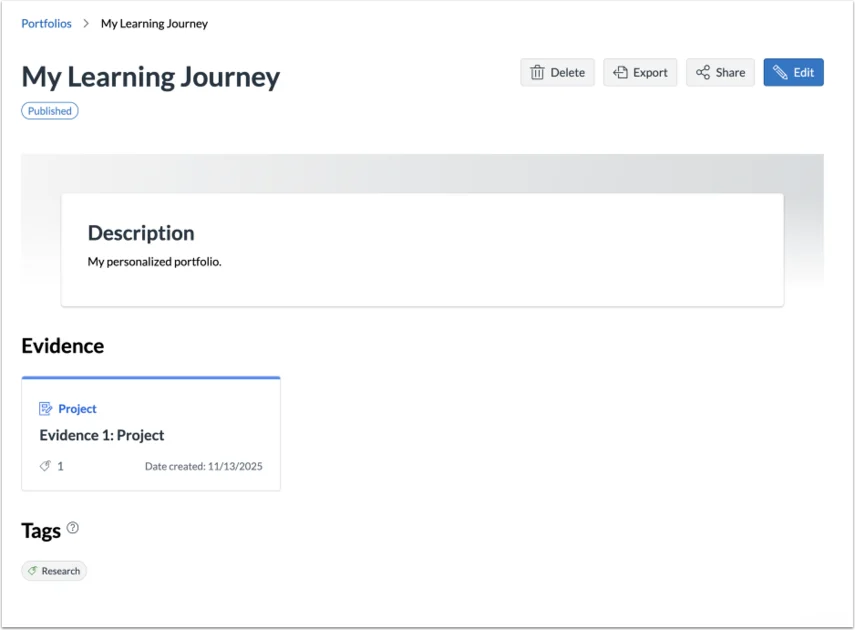 Portfolio page titled "My Learning Journey" showing a description, one project under Evidence, a Research tag, and options to delete, export, share, or edit.